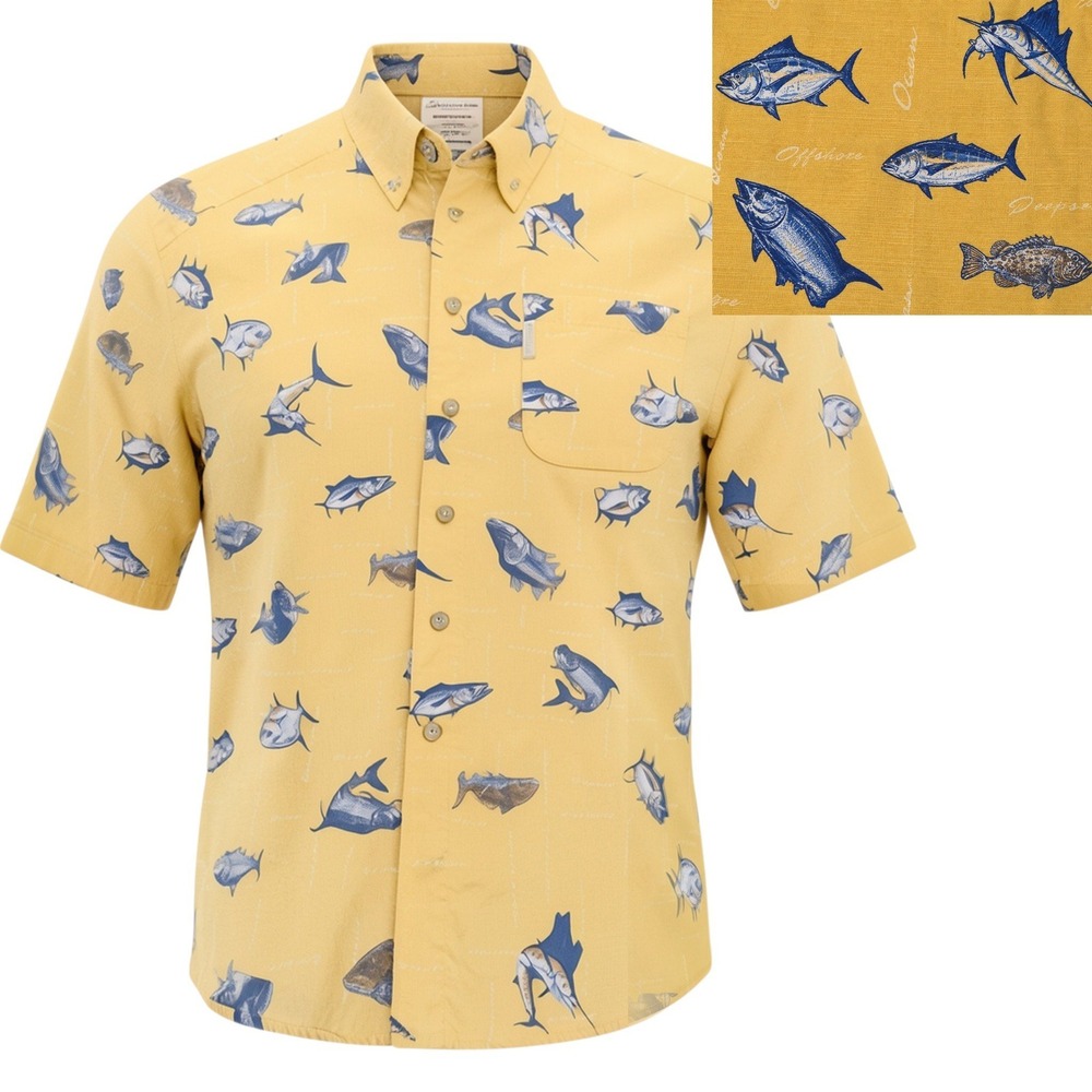 Columbia Button Down Shirt Mens Large Yellow Fish Print Short Sleeve Marlin Tuna